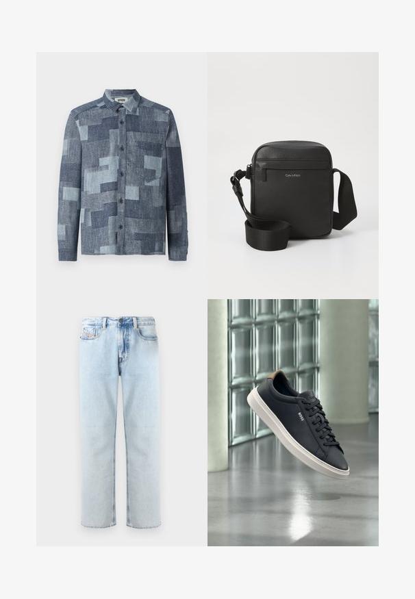 DRYKORN DIEGGO - Overhemd - blue; Lichtblauwe denim jeans met een rechte pijp, vijf zakken en subtiele vervaging. Voorzien van een knoopsluiting en een lus voor een riem.; Zwarte lage vetersneaker met witte zool en bruine hieltab, merk "BOSS", drijvend binnen nabij een muur van glasblokken.; Zwarte leren schoudertas met een gestructureerde afwerking, met een voorste ritszak en een verstelbare stoffen schouderband. Merklogo zichtbaar.