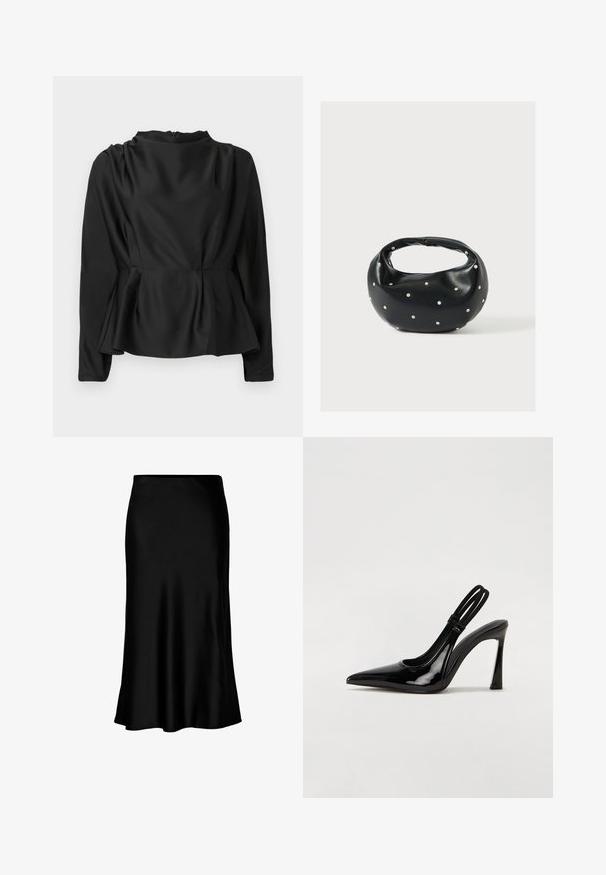 Schwarze Bluse mit langen Ärmeln und Peplum-Taille. Glattes, satinähnliches Material mit hohem Ausschnitt und einem verdeckten Reißverschluss hinten.; Schwarzer Satin-Midi-Rock mit glatter Textur, ausgestellt am Saum und mit einem taillierten Bund, der ein einfaches, klassisches Design aufweist.; Schwarze Lackleder Slingback-Pumps mit spitzem Zehenbereich, schlankem hohen Absatz und doppeltem elastischen Riemen für einen sicheren Sitz. Glatte, glänzende Oberfläche.; Schwarze Lederhandtasche mit abgerundeter Form, verziert mit silbernen Nietenakzenten und kurzem Griff. Glatte Struktur und Reißverschlussverschluss.
