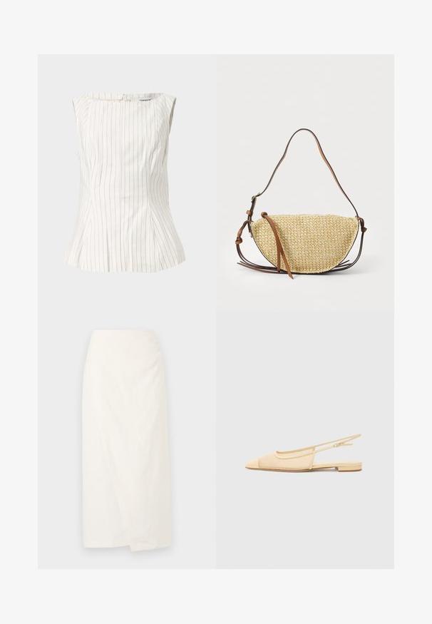 Witte mouwloze blouse met dunne verticale zwarte krijtstrepen en een vierkante halslijn van Topshop.; Witte knie-lange rok van lichtgewicht stof, met een wrapsdesign en een zachte, gestructureerde oppervlakte. Eenvoudige, strakke lijnen zonder versieringen.; Slingback ballerina in lichtbeige met een mesh bovenwerk, spitse neus en een lage hak. Voorzien van een verstelbare band voor een goede pasvorm.; Geweven stro handtas in de vorm van een halve maan, met een bruine leren schouderband en accenten. Getextureerde, natuurlijke kleur met gladde randen.