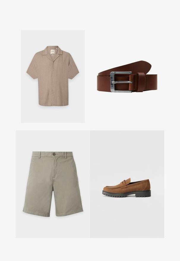 Camisa beige de manga corta con botones, con un sutil patrón de cuadros y cuello abierto, presentada extendida sobre un fondo blanco.; Pantalones cortos gris claro hasta la rodilla con botón frontal, trabillas para cinturón y bolsillos laterales sobre un fondo blanco.; Mocasines de ante marrón con punta redondeada y una suela de goma negra baja, que presentan una correa decorativa y detalles de costura en la parte superior.; Cinturón de cuero marrón con una hebilla rectangular de metal plateado. El cinturón presenta una textura suave y un sutil detalle de costura a lo largo de los bordes.