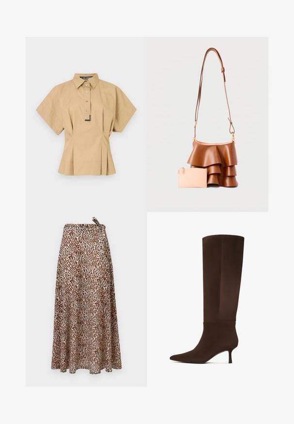 Kortærmet tan skjorte med spids krave, frontlukning med knapper og en plisseret design ved kanten, der har et diskret logo mærke.; Maxi-nederdel med leopardprint i letvægtsstof. Den har taljebånd, en flydende pasform og en kant, der falder til anklerne. Domineret af jordfarver.; Brun knæhøj støvle lavet af glat materiale, med spids tå og en slank, høj hæl. Sømløst design med minimale accenter.; Brun læderhåndtaske med lagdelt flæsedesign og justerbar rem, ledsaget af en lille lyserød lynlåspung.