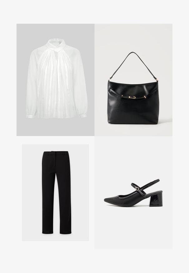 Blusa blanca de manga larga con cuello alto, rayas verticales transparentes en el frente, detalle de abertura en forma de ojo de cerradura y puños con botones sobre fondo liso.; Pantalones negros de corte recto con trabillas para cinturón, cremallera frontal y una cintura lisa, mostrados sobre un fondo claro y liso.; Tacones slingback de charol negro con punta afilada, un diseño de corte redondeado y tacón bloque. Incluye un detalle de hebilla en tono dorado.; Bolso de hombro de cuero negro con una sola correa y un pequeño detalle de hebilla dorada en la parte delantera sobre un fondo claro y liso.