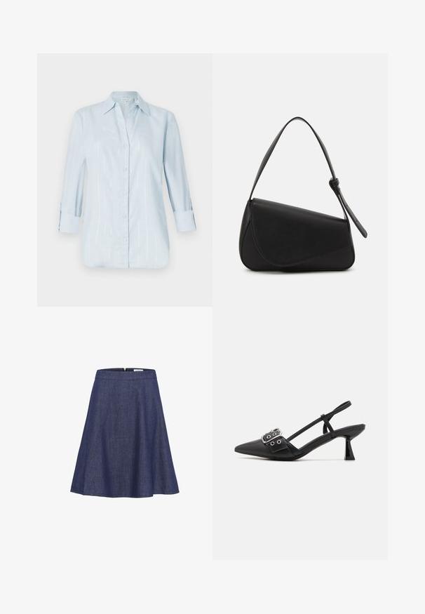 Lyseblå skjorte med knap, halvlang ærme, lavet af struktureret stof med diskrete lodrette striber. Klassisk krave og knapdetalje.; Denim A-line nederdel, mørkeblå, knælang, har en glat talje med en skjult lynlås og en flagrende silhuet. Subtil teksturdetalje.; Simmi London DALA - Pumps - black; Sort læderhåndtaske med en triangular form, skrå klap og et rundt håndtag. Har en glat overflade og minimalistiske design detaljer.