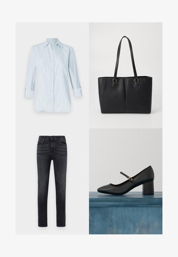 Een lichtblauw overhemd met driekwartmouwen, gemaakt van textuurstof met subtiele verticale strepen. Klassieke kraag en knoopdetail.; Zwarte denim jeans met een rechte pasvorm. Voorzien van vijf zakken, een knoopsluiting en lussen voor de riem. De stof heeft een gladde textuur en een lichte stretch.; Zwarte Mary Jane-schoen met blokhak en gouden gesp, zwevend boven een gladde betonnen vloer in een minimalistische binnenomgeving.; Zwarte neplederen tote bag met een gestructureerde afwerking, twee lange handvatten en goudkleurige hardware-accenten aan de zijkant. Rechthoekige vorm.
