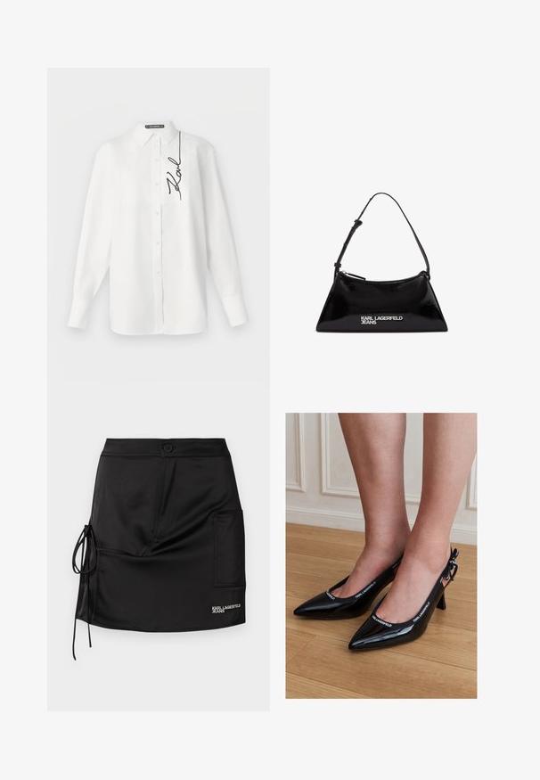 Camisa blanca de manga larga confeccionada en algodón, con un bolsillo delantero y una firma bordada en negro en el lado izquierdo. Cuello clásico y cierre con botones.; Falda corta negra de satén con cierre de botones, detalle de lazo lateral y un bolsillo parche con la marca "KARL LAGERFELD JEANS".; Tacones de hebilla trasera de punta afilada de charol negro con ribete con marca KARL LAGERFELD, usados en pies que están de pie sobre suelo de madera.; Bolso de mano de charol negro con forma triangular, con cremallera superior y correa ajustable. Logo "KARL LAGERFELD JEANS" en plateado.