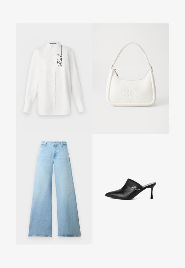 Camisa blanca de manga larga confeccionada en algodón, con un bolsillo delantero y una firma bordada en negro en el lado izquierdo. Cuello clásico y cierre con botones.; Jeans de pierna ancha de un azul claro, hechos de denim, con una cintura alta, que presentan un cierre de botón y cinco bolsillos. Textura suave con una silueta casual.; Mule de cuero negro con punta afilada y tacón de aguja. Presenta una banda ancha con detalle en escritura plateada en el costado. Textura suave.; Bolso de mano de cuero blanco con forma curvada, con un logo "CK" en relieve en la parte delantera y una sola correa para el hombro. Cierre de cremallera en la parte superior.