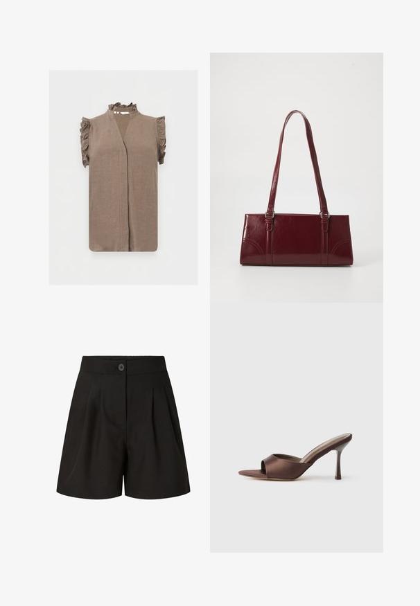 Blouse taupe sans manches avec col montant à volants et emmanchures à volants, présentant un décolleté en V et une patte de boutonnage avant cachée.; Shorts noirs taille haute ajustés avec plis à l'avant, fermeture par bouton et finition tissu lisse.; Mule en satin marron à bout ouvert avec un talon fin de hauteur moyenne et une conception à enfiler sur fond blanc uni.; Sac à main bordeaux en matériau brillant, de forme rectangulaire, avec deux anses et des accents légèrement courbés à l'avant.