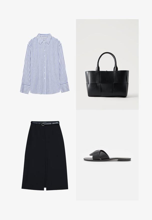 Camisa de botones azul claro con rayas verticales blancas y azules, con un cuello clásico y mangas largas con puños abotonados.; Falda negra hasta la rodilla con una abertura en la parte delantera, hecha de tejido suave. Presenta un delgado cinturón negro con una hebilla plateada y pasadores para el cinturón.; Sandalia negra sin hebillas con tiras cruzadas. Fabricada en cuero suave con una suela plana y costuras mínimas. Diseño simple de punta abierta.; Bolso tote de cuero negro con paneles grandes cuadrados tejidos y dos asas redondeadas sobre un fondo liso y claro.