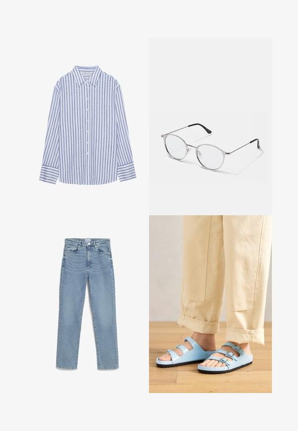 Lichtblauw overhemdd met verticale witte en blauwe strepen, met een klassieke kraag en lange mouwen met knoopmanchetten.; Lichtblauwe jeans met een recht model, vijf-pocket ontwerp, sluiting met een voorknoop en subtiele vervaging op de bovenbenen. Klassieke denimtextuur.; Lichtblauwe schuifsandalen met drie verstelbare banden en zilveren gespen; textuurzool en glad bovenmateriaal. Draag met opgerolde beige broek.; Metalen zilveren bril met ronde glazen en een dunne montuur. Zwarte tempeltips bieden contrast. Inclusief verstelbare neuspad.