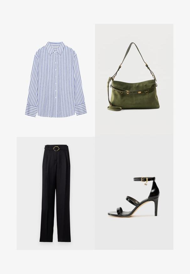 Camisa de botones azul claro con rayas verticales blancas y azules, con un cuello clásico y mangas largas con puños abotonados.; Pantalones negros de cintura alta con un diseño de pierna ancha, que presentan una hebilla de oro retorcida en el cinturón. Tela suave con un brillo sutil.; Sandalia de charol negro con tres correas, hebilla en el tobillo y tacón de aguja de 10 cm. Presenta detalles de hardware en oro y un charm con el logo.; Bolso de hombro de ante verde oliva con correa ajustable y delgado cinturón decorativo con detalles en metal dorado.