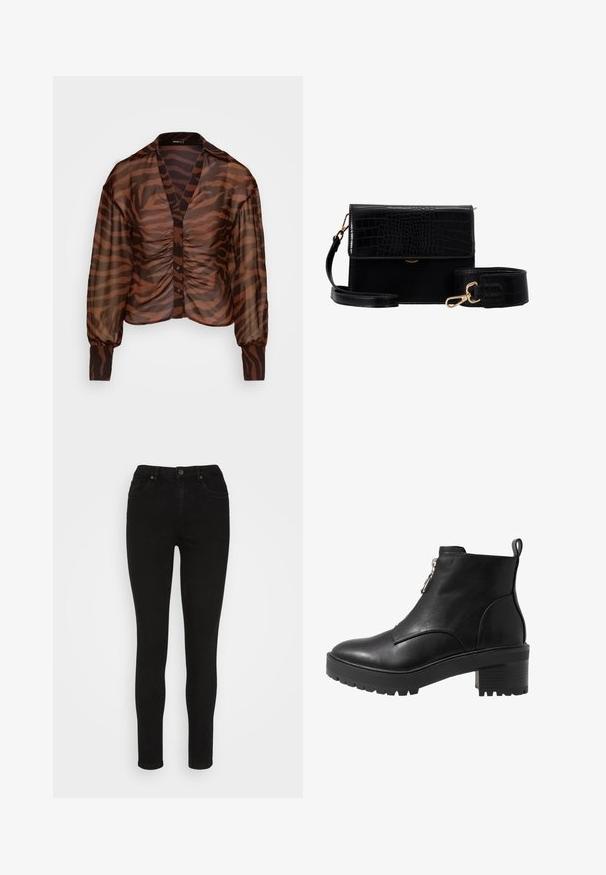 Gina Tricot SIVAN BLOUSE - Bluse - brown; Vero Moda VMLUNA SOPHIA - Jeans Skinny Fit - black denim; Sort læder ankelstøvle med lynlåslukning på siden, kraftig sort hæl og en struktureret sål for godt greb. Glat overflade med minimalt udsmykning.; Sort faux læder crossbody taske med krokodillestruktur, guldhardware og en aftagelig rem. Har klaplukning og indvendigt rum.