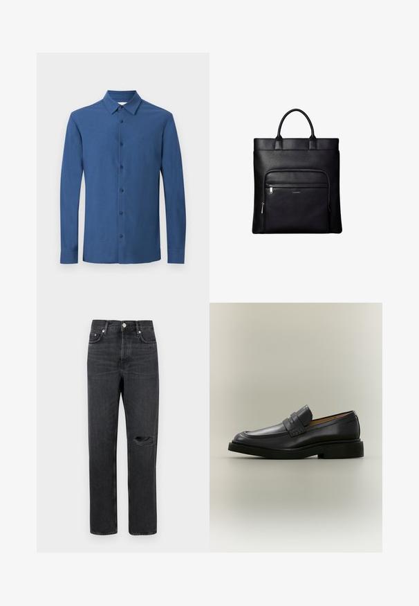 Langærmet blå skjorte med krave, seks synlige knapper og subtilt broderet logo på brystet, vist på en ensfarvet baggrund.; Sorte denim jeans med lige ben, der har et revnet knæ, fem-lomme design og metalbeslag ved taljen og lommerne.; Sort læder herreloafer med lav hæl og en remdetalje over vristen, vist i profil på en neutral baggrund.; Sort læder tote taske med top håndtag og en front lynlåslomme med et lille Calvin Klein-logo på lommen.