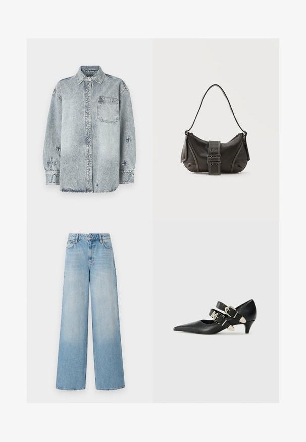 Lichtblauw denim overhemd met lange mouwen, knoopsluiting aan de voorkant, enkele borstzak en kruisborduursels op de mouwen.; Lichtblauwe wijde jeans met een hoge taille, met vervaging bij de benen, riemlussen en een traditionele metalen knoop en ritssluiting.; Replay CECILE DOUBLE - Klassieke pumps - black; Zwarte leren schoudertas met gespsluiting aan de riem, afgeronde hoeken en contrasterende witte stiksels op een effen achtergrond.