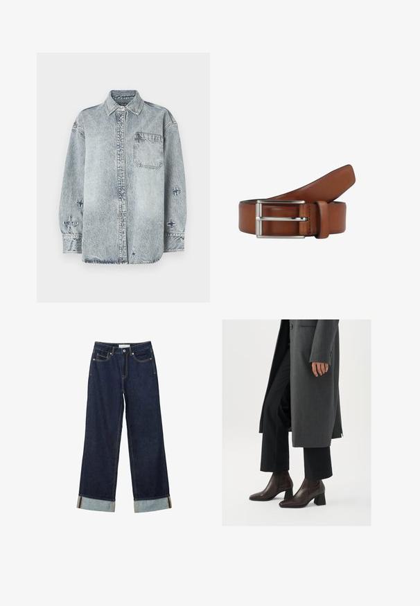 Chemise en denim bleu clair à manches longues, avec un devant à boutons, une poche unique sur la poitrine et des détails de broderie croisée sur les manches.; Jean large bleu foncé à taille haute, avec des ourlets roulés, des coutures contrastées et un design à cinq poches. Fabriqué en tissu en denim.; Bottines à talons hauts en cuir marron foncé avec un bout pointu et un talon carré, associées à un pantalon noir et un manteau gris.; Ceinture en cuir marron avec une boucle en métal argenté élégante, dotée d'une texture lisse et d'un design classique. La ceinture s'effile vers l'extrémité.
