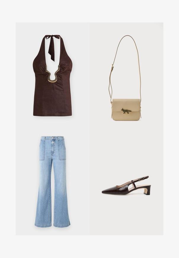 Donkerbruine haltertop met diepe V-hals, geplooide stof en groot zilverkleurig metalen U-vormig detail aan de voorkant in het midden.; CLOSED ARIA - Flared Jeans - light blue; Donkerbruine slingback schoen van krokodillenleer met een puntige neus, lage blokhak en verstelbare gouden gesp.; Beige leren crossbodytas met verstelbare riem en gouden vosvormige sluiting op de voorflap.