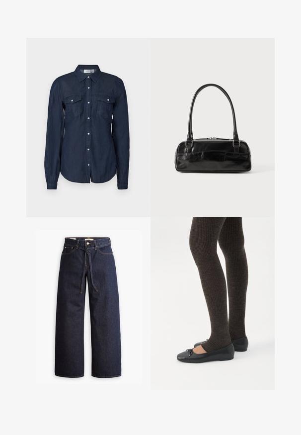 Marineblauwe button-up overhemd van lichte stof, met twee voorzakken, lange mouwen en een klassieke kraag met een gebogen zoom.; Wijd pijpjes donkerblauwe denim jeans met een hoge taille, voorzien van een trekkoord, vijf zakken en contrasterende stiksels.; Benen met donkere geribbelde leggings gecombineerd met zwarte ballerina's met kleine strikdetails op een witte achtergrond.; Zwarte leren handtas met een rechthoekige vorm, voorzien van een enkele gestructureerde handgreep, zilveren hardware en ritsluiting. Gladde textuur.