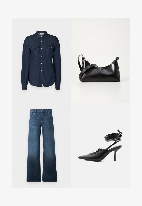 Marineblauwe button-up overhemd van lichte stof, met twee voorzakken, lange mouwen en een klassieke kraag met een gebogen zoom.; Donkerblauwe wijde jeans van denim, met een hoge taille, vijf zakken en subtiele vervaging aan de zoom. Standaard knoopsluiting.; Zwarte pumps met spitse neus en hoge hak, met veters aan de voorkant en riempjes die rond de enkel wikkelen en zijn gestrikt in een strik, gezien vanaf de zijkant tegen een witte achtergrond.; Zwarte leren handtas met een gladde textuur. Beschikt over een verstelbare schouderband en een strak, minimalistisch ontwerp met een ritssluiting.