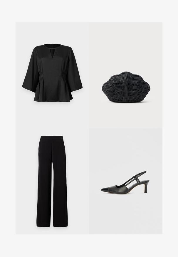Blouse noire avec un col rond et un détail en forme de clé, présentant des côtés froncés, des manches trois-quarts et un ourlet peplum. Texture lisse.; Pantalon noir à jambes larges en tissu doux avec une taille élastique, présentant un design épuré sans motifs ni accents visibles.; Chaussure à bride arrière en cuir noir avec bout pointu, dotée d'un accent brillant sur le bout et d'un talon de hauteur moyenne. Design latéral ouvert.; Sac à main en osier noir en forme de coquille Saint-Jacques avec un dessus courbé et une texture tressée sur un fond uni.