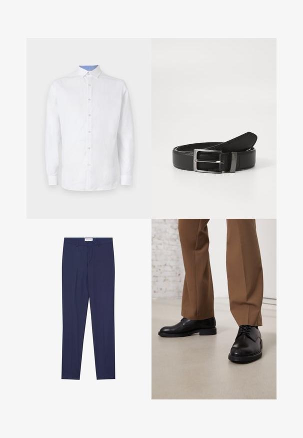 Witte blouse met lange mouwen en knoopsluiting, voorzien van een lichtblauw geruit patroon aan de binnenkant van de kraag en manchetten. Glad textuur van de stof.; Marineblauwe dresspants van gladde stof, met een flat front, twee zijzakken, een ritsgulp en een schone zoom zonder patronen of accenten.; Zwarte leren schoenen met een gladde oppervlakte en een ronde neus, metveterafsluiting en een lage, platte zool. Gecombineerd met bruine broeken.; Zwarte leren riem met een zilveren metalen gesp, met een gladde afwerking en een klassiek ontwerp. De riem is netjes opgevouwen.