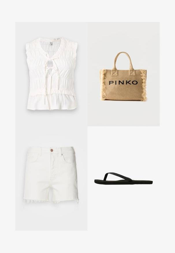 Blusa blanca sin mangas con tela fruncida, escote en forma de ojo de cerradura y detalle de lazo delantero, con un dobladillo ligeramente acampanado.; Pantalones cortos de mezclilla blanca con dobladillo deshilachado, diseño de cinco bolsillos y cierre de botón marrón. Textura suave, cintura de altura media, corte casual.; Chancla negra con una correa texturizada y suela plana. La correa presenta un brillo sutil. Diseño simple, ligera y forma flexible.; Bolsa tote beige tejida con asas cortas, bordes verticales con flecos y "PINKO" en letras negras gruesas en el frente.