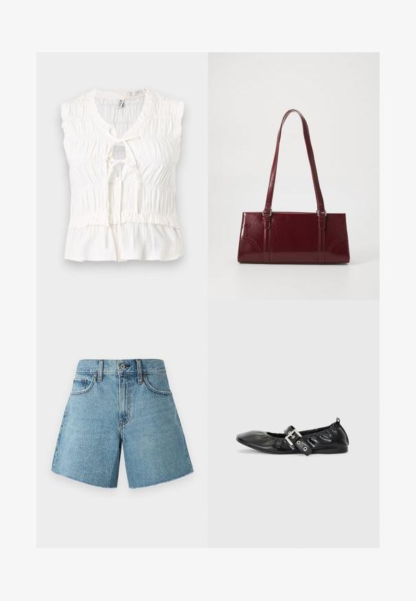 Hvid ærmeløs bluse med rynket stof, nøglehulshalsudskæring og bindedetalje foran, med en let udvidet kant.; Denim shorts i lys blå, med høj talje, fem lommer og rå kant. Fremstillet af tekstureret bomuldsstof med et klassisk design.; Sorte læder flade sko med spids tå, samling detaljer omkring åbningen, og en sølv spænde accent på den justerbare rem.; Bordeaux håndtaske lavet af glansfuldt materiale, rektangulær form, med to skulderremme og subtile buede detaljer på forsiden.