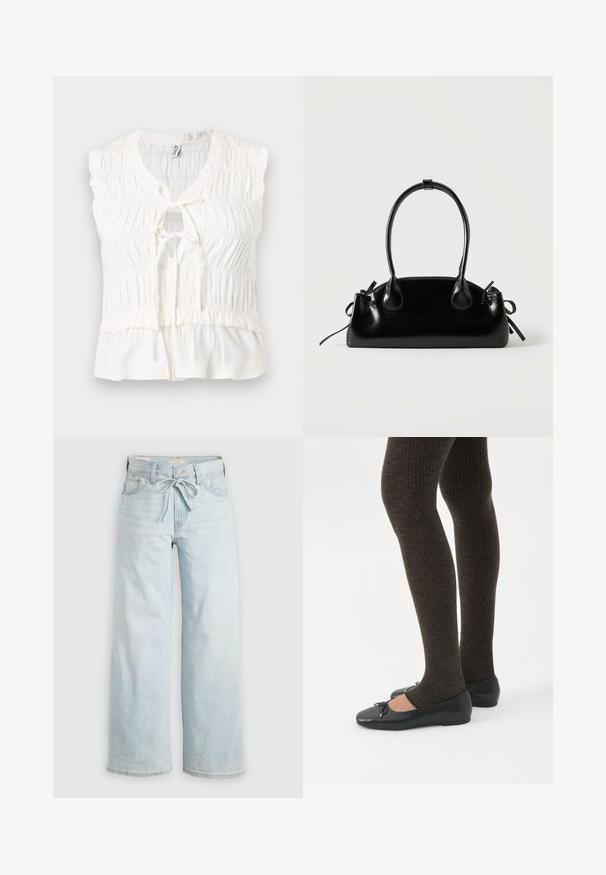 Blusa blanca sin mangas con tela fruncida, escote en forma de ojo de cerradura y detalle de lazo delantero, con un dobladillo ligeramente acampanado.; Jeans de tiro alto de color azul claro, de pierna ancha, con lazo en la parte delantera, diseño clásico de cinco bolsillos y un sutil detalle de desgaste en las piernas. Material de denim.; Piernas con leggings oscuros acanalados combinados con bailarinas negras que presentan pequeños detalles de lazo sobre un fondo blanco.; Pequeño bolso negro brillante con dos asas largas y detalles de cordón lateral sobre un fondo claro liso.