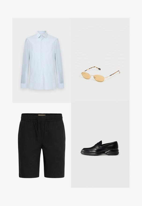 Camisa de vestir de hombre azul claro, de manga larga, con cierre de botones al frente, cuello puntiagudo y patrón cuadriculado sutil.; Pantalones cortos negros hechos de una tela ligera, que cuentan con una cinturilla elástica con cordón y bolsillos laterales para mayor comodidad.; Mocasines de piel negra con una suela de goma texturizada y baja, y un diseño de costura en la parte superior. Presenta una punta redondeada y mínimas ornamentaciones.; Gafas de sol ovaladas con tono amarillo, con montura metálica fina dorada y patillas con estampado de carey sobre un fondo blanco liso.