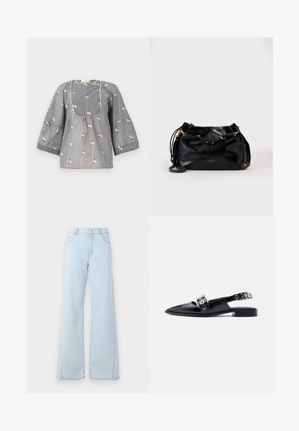 Stripet bluse i blå og hvid med blomsterbroderi, rund halsudskæring, trekvartærmer og en samlet bluse til en afslappet pasform.; Lysblå denim wide-leg jeans har høj talje, frontlommer og synlige stiksyninger på sømmene og kanten.; Sort laklæder flat sko med spids tå, dobbelte sølvspænder og slingback-hæl på hvid baggrund.; Sort læderhåndtaske med knyttet håndtag og guldfarvet hardware, med aftagelig skulderrem og subtil præget tekstur.