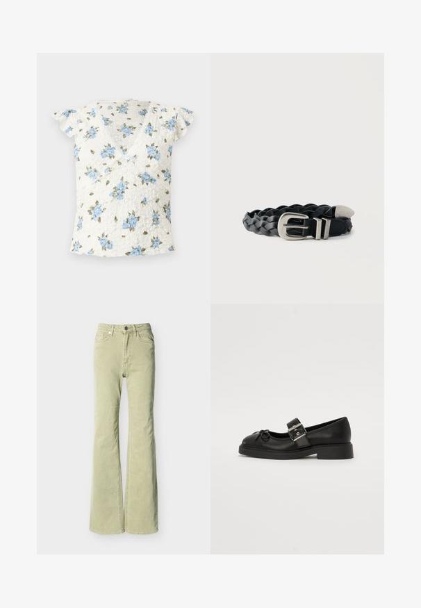 Hvid kortærmet bluse i blonder med blå blomsterprint, slå-om V-udskæring og lille sløjfedetalje midt foran.; Lysegrønne, vidde jeans med knap- og lynlåslukning, lommer foran og bagpå samt bæltestropper på en hvid baggrund.; Sort læder Mary Jane-sko med rund tå, ankelrem og sølv spænde detalje. Har en flad, chunky sål og en sløjfe akcent.; Sort fletbælte i læder med sølvfarvet metalspænde og spids, vist sammenrullet på en hvid baggrund.