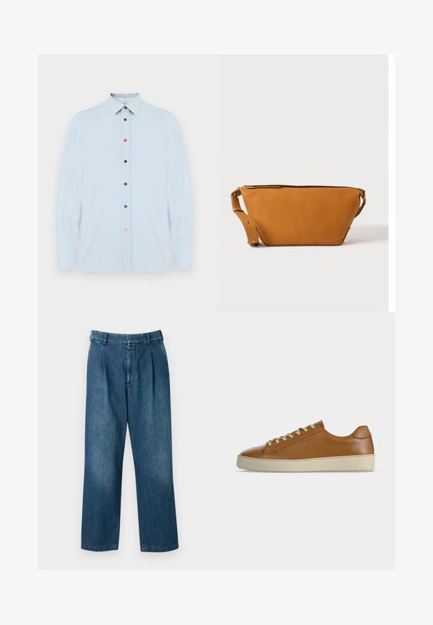 Hellblaues Langarmhemd aus weichem Stoff mit einem Button-Down-Kragen und sechs mehrfarbigen Knöpfen entlang der Vorderseite.; Blaue Jeanshose mit geradem Bein, hoher Taille, vorderen Falten und klassischem Knopfverschluss. Glatte Textur.; Brauner Low-Top-Ledersneaker mit cremefarbenen Schnürsenkeln und dicker cremefarbener Gummisohle, seitlich auf weißem Hintergrund dargestellt.; Hellbraune Leder-Umhängetasche mit verstellbarem Schulterriemen und Reißverschluss, vor einem schlichten hellen Hintergrund gezeigt.