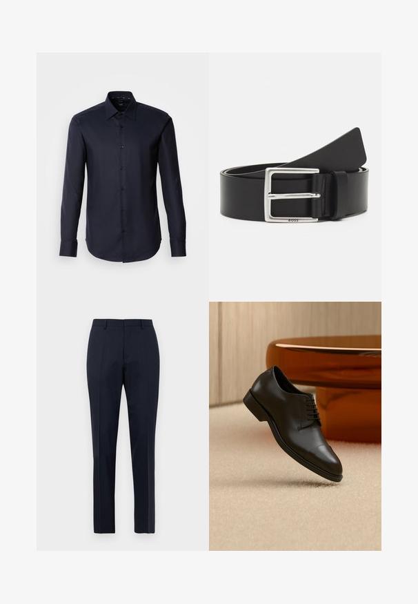 Camisa de botón de manga larga en un azul marino oscuro, fabricada con una tela suave. Presenta un cuello puntiagudo y puños de un solo botón. Diseño minimalista sin patrones.; Pantalones de vestir para hombre en azul marino, ajustados, con un sutil patrón de cuadros, pasadores para cinturón y pliegue frontal, exhibidos de frente sobre fondo blanco.; Zapato de vestir de cuero negro con cordones flotando sobre una alfombra beige, mesa redonda naranja al fondo.; Cinturón de cuero negro con una hebilla rectangular de plata, presenta un branding sutil y una textura suave. Los extremos se estrechan para un acabado redondeado.