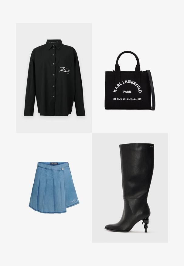 Zwart overhemd met lange mouwen, een borstzak en een geborduurd wit logo aan de linkerkant, gemaakt van een soepel materiaal.; Denim rok in lichtblauw met geplooid ontwerp, metalen knoopsluiting en geborduurd detail aan de zoom. Gladde textuur en A-lijn vorm.; Zwarte kniehoog laars van glad leer. Heeft een spitse neus en een onderscheidende sculpturale hak met een decoratief accent.; Zwarte stoffen handtas met twee handvatten bovenaan en een afneembare schouderband. Bevat witte tekst: "KARL LAGERFELD PARIS 21 RUE ST-GUILLAUME."