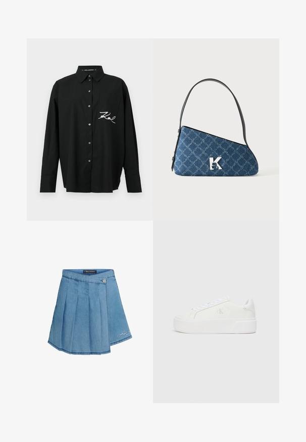 Zwart overhemd met lange mouwen, een borstzak en een geborduurd wit logo aan de linkerkant, gemaakt van een soepel materiaal.; Denim rok in lichtblauw met geplooid ontwerp, metalen knoopsluiting en geborduurd detail aan de zoom. Gladde textuur en A-lijn vorm.; Witte platform sneakers met een gladleren bovenkant, ronde neus, witte veters en subtiele logodetail aan de zijkant. Platte rubberen zool.; Blauwe doorgestikte denim schoudertas met zwarte riem en zilveren "K"-logo aan de voorkant, afgebeeld op een effen witte achtergrond.
