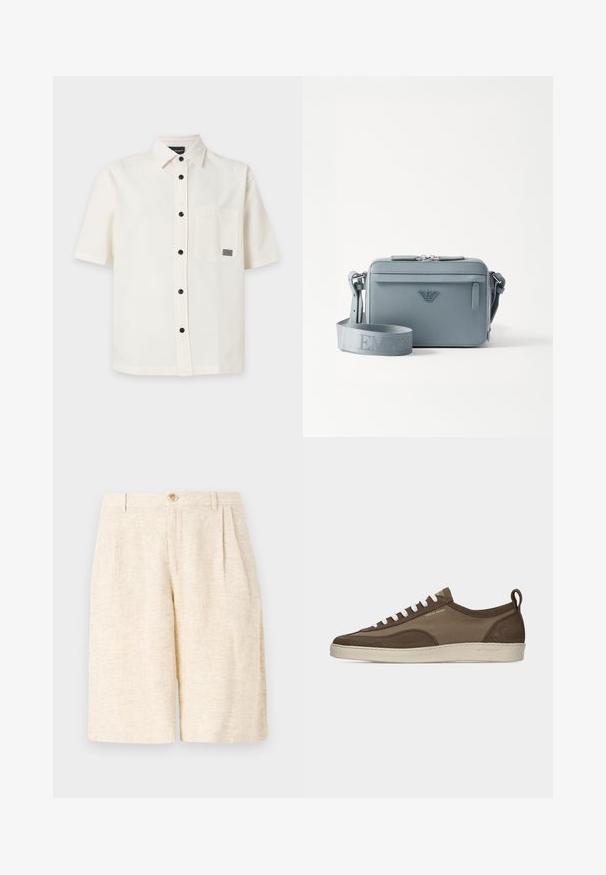 Wit overhemd met korte mouwen, zwarte knopen en een enkele borstzak met een klein rechthoekig label.; Beige op maat gemaakte shorts van textuurstof, met voorplooien, een knoopsluiting en een rechtopstaand ontwerp.; Lage bruine sneaker met witte veters, beige zool, bovenwerk van stof en suède, zijlus en "Tiger of Sweden" logo in gouden tekst.; Blauwe gestructureerde crossbody tas van textuurmateriaal, met een ritsluiting, een voorvak en een verstelbare schouderband met "EMPOR" branding.