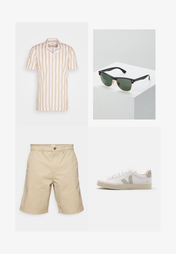 Chemise à manches courtes en beige clair et rayures verticales blanches. Présente un col classique et une fermeture à boutons, fabriquée en tissu léger.; GAP ESSENTIAL - Short - iconic khaki; Baskets en cuir blanc avec des accents beiges, semelle plate en caoutchouc, bout rond et logo contrastant sur le côté et à l'arrière. Design à lacets.; Lunettes de soleil Ray-Ban avec des verres verts, monture en plastique noir et accents dorés sur les bords. Forme carrée avec une finition mate.