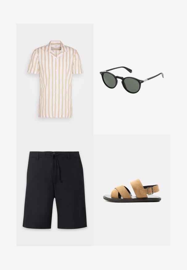 Kurzarmhemd in hellbeige mit weißen, senkrechten Streifen. Verfügt über einen klassischen Kragen und eine Knopfleiste, hergestellt aus leichtem Stoff.; Schwarze knielange Shorts mit Gürtelschlaufen, Knopfverschluss und verstellbarem Kordelzug in der Taille.; Herren-Sandale aus hellbraunem Wildleder mit zwei breiten Riemen, schwarzer Sohle und verstellbarem Schnallenriemen an der Ferse, auf weißem Hintergrund dargestellt.; Runde schwarze Sonnenbrillen mit dunkelgrünen Gläsern, Kunststoffrahmen und Metallakzenten an den Bügeln. Glatte Textur, minimalistisches Design.