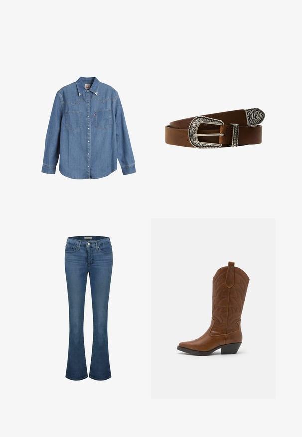 Lichtblauwe denim overhemden met lange mouwen, puntige kraag, twee borstzakken en contrasterende stiksels. Heeft een westers stijl yoke ontwerp.; Blauwe denim flared jeans met een middelhoge taille, voorzien van stikselaccenten, twee voorkruipzakken en een achterzak met label.; ONLY SHOES ONLBRONCO - Cowboy-/Bikerlaarzen - brown; Bruine leren riem met een sierlijke zilveren gesp met gegraveerde ontwerpen. Het leder heeft een gladde textuur met een gepolijste afwerking.