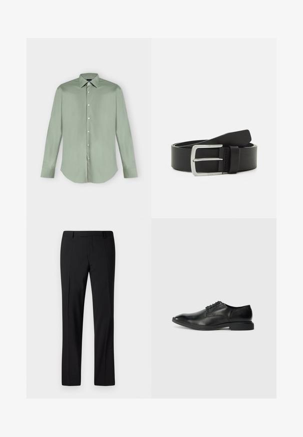 Camisa de manga larga color verde claro con botones, cuello puntiagudo y dobladillo curvado, mostrada extendida sobre un fondo blanco.; Pantalones negros ajustados con un diseño de pierna recta, que presentan una textura suave, pliegues frontales y una cinturilla clásica para un aspecto formal.; Zapato de vestir negro de cuero con una textura suave, punta afilada, diseño de cordones con seis ojales y un tacón rectangular bajo. Detalle de marca sutil en el lateral.; Cinturón de cuero negro con una textura suave, hebilla de metal plateado y un solo lazo para ajuste. Presenta un diseño limpio y clásico.