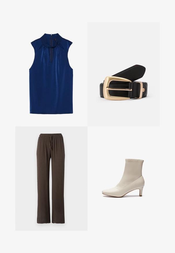 Haut sans manches bleu marine avec un col haut, doté d'un décolleté en V profond et de détails plissés. Fabriqué à partir d'un tissu lisse et satinée avec une fermeture éclair dissimulée.; Pantalon large marron avec une taille élastique et un cordon de serrage. Matériau texturé avec un motif à rayures verticales. Jambes droites.; Bottine blanche en cuir lisse avec un bout pointu et un talon court et effilé. Présente un design minimaliste et un empeigne sans coutures.; Ceinture en cuir noir avec une boucle rectangulaire en or. La ceinture a une texture lisse et un subtil détail de couture le long des bords.
