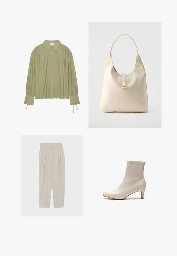 Lichtgroene langemouwen shirt met een knoopsluiting aan de voorkant, kraag, textuurstof en strikdetails bij de manchetten. Recht gesneden onderrand.; Beige, op maat gemaakte broek met hoge taille, plooi, zijzakken, riemlussen en een ritssluiting aan de voorkant.; Witte enkelboot gemaakt van glad leer met een spitse neus en een korte, taps toelopende hak. Beschikt over een minimalistisch ontwerp en een naadloos bovenwerk.; Crèmekleurige leren hobo-tas met een enkele schouderband, een gladde textuur en een goudkleurige sluiting aan de voorkant.