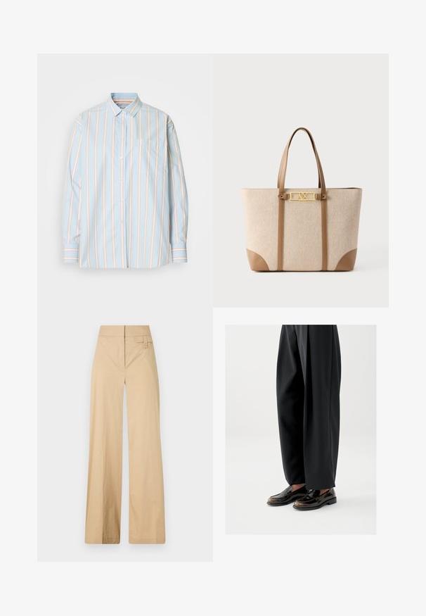 Hellblaues Button-Up-Hemd mit vertikalen Streifen in Weiß und sanftem Rosa. Enthält eine Brusttasche und kontrastierende gestreifte Manschetten. Weicher Stoff.; Beige weite Hosen aus Baumwollmischgewebe. Sie haben eine glatte Textur, einen elastischen Bund und eine seitliche Knopfdetail.; Schwarze Loafers mit glänzendem Lederfinish, versehen mit einem dekorativen Riemen über dem Spann, kombiniert mit locker sitzenden schwarzen Hosen.; Beige Tragetasche mit hellbraunen Ledergriffen und Besatz, goldfarbene rechteckige Logoplatte mit den Buchstaben "A|X" in der Mitte vorne.