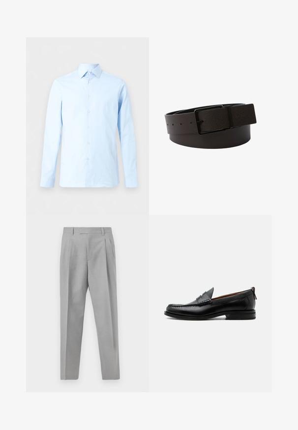 Chemise de ville pour homme à manches longues bleu clair avec patte de boutonnage à l'avant et col pointu, présentée sur un fond blanc uni.; Pantalon gris clair ajusté avec une jambe droite, un devant plissé et une texture de tissu lisse. Conçu avec une silhouette classique et minimaliste.; Mocassin homme en cuir noir avec couture moc toe, bride penny, col texturé et petit talon empilé sur fond blanc.; Ceinture en cuir noir texturé, roulée, avec une boucle rectangulaire noire et plusieurs trous d'ajustement.