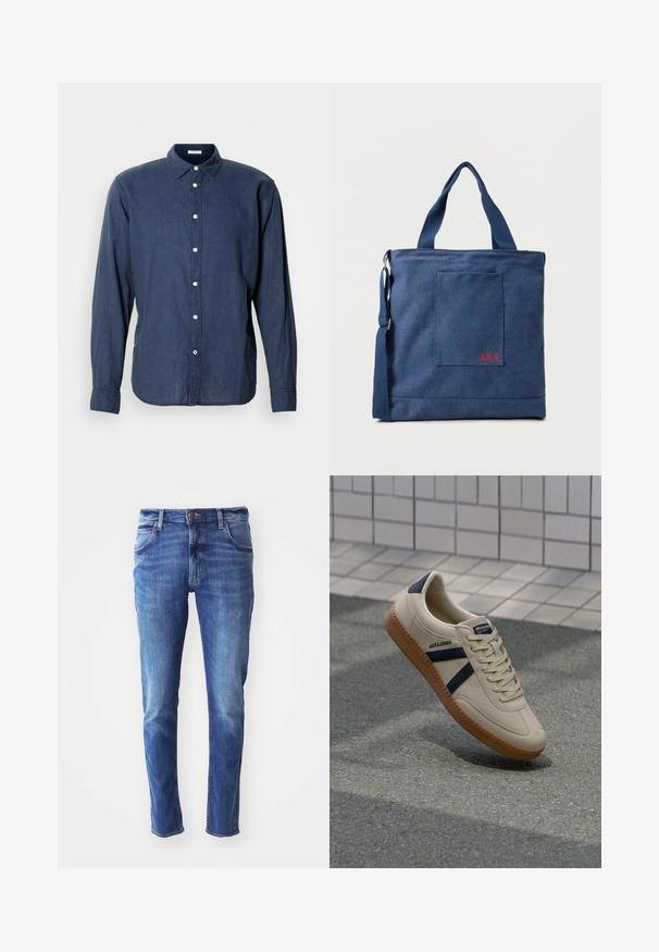 Mørkeblå, langærmet skjorte med knaplukning lavet af letvægtsmateriale, med en klassisk krave og hvide knapper foran.; Blå denim jeans med slim fit, fem-lomme design og let falming. Har en mærke-knap og lynlåslukning.; Beige sneaker med struktureret overflade, marineblå striber og gummisål. Har en polstret tunge og traditionelt snørresystem for en sikker pasform.; Blå lærredstote taske med frontlomme og rød "O.N.S" broderi, med to håndtag og en justerbar skulderrem.