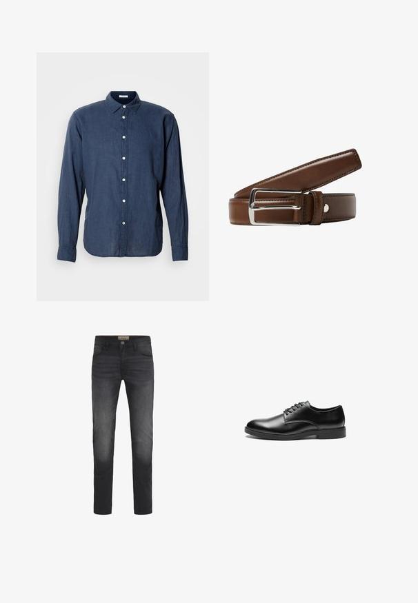 Mørkeblå, langærmet skjorte med knaplukning lavet af letvægtsmateriale, med en klassisk krave og hvide knapper foran.; Mørk denimjeans med slim fit, der har en knaplukning, fem lommer og en let falmende effekt på lårene.; Sorte læderherresko med en glat overflade, rund tå, seks hul snøresystem og en flad gummisål.; Brun læderbælte med en glat overflade, prydet med en sølv rektangulær spænde og pæne syninger langs kanterne.