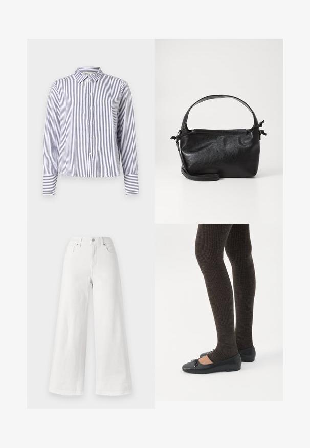 Stribet skjorte med krave, der har smalle blå og hvide lodrette striber, lange ærmer med mansjettdetaljer og en cropped design.; Hvide vidde bukser lavet af denim, med høj talje, fire lommer og rå kant i bunden for tekstur.; Ben iført mørke ribbede leggings kombineret med sorte balletsko med små sløjfedetaljer på hvid baggrund.; Sort læderhåndtaske med et struktureret design, rund tophåndtag og aftagelig skulderrem. Den har en glat tekstur og en subtil glans.