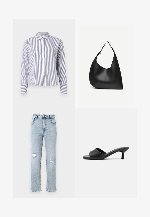 Stribet skjorte med krave, der har smalle blå og hvide lodrette striber, lange ærmer med mansjettdetaljer og en cropped design.; Lysblå denimjeans med en afslappet pasform, der har to knærevner, fem lommer og en frynset kant. Knap- og lynlåslukning.; Sorte slidesandaler med en glat læderoverdel, åben tå og en lav, blank hæl. Minimalistisk design med en buet form og slank finish.; Sort læder skuldertaske med buet trekantet form, enkelt justerbart rem og synlig diagonal søm foran.