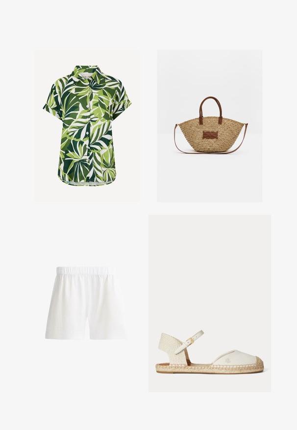 Chemise à manches courtes boutonnée avec motif de feuilles tropicales vertes et blanches et une poche poitrine, présentée sur fond blanc.; Short blanc à taille élastique, ourlet droit et tissu léger, conçu pour un usage décontracté.; Sandale espadrille blanche avec talon tressé, bride de cheville avec boucle dorée et logo "RL" sur la pointe en toile, semelle plate en jute.; Sac à main en paille tissée avec des anses et des garnitures en cuir marron, doté d'une base ronde et d'une bandoulière amovible.