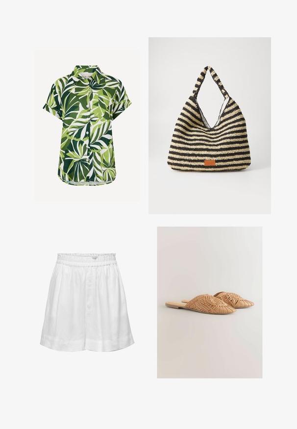Overhemd met korte mouwen en knopen, met een groen-wit tropisch bladerenpatroon en een borstzak, getoond op een witte achtergrond.; Witte linnen shorts met een elastische tailleband en een ontspannen fit. Voorzien van een gladde textuur en omgeslagen zoom voor extra detail.; Geweven leren slidesandalen in lichtbruin, met een oversized geweven bovenkant en een platte zool. De spitse neus zorgt voor een strakke uitstraling.; Gestreepte geweven tas in zwart en beige, met een slouchy ontwerp, gestructureerd oppervlak en een klein leren accentpatch.