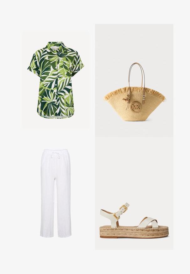 Camisa de manga corta con botones, con estampado de hojas tropicales verdes y blancas y un bolsillo en el pecho, mostrada sobre fondo blanco.; Pantalones de lino blancos con un ajuste relajado, que cuentan con una cintura elástica y cordones, y piernas rectas. Textura suave, tejido ligero.; Sandalia blanca de plataforma de cuero con suela de yute tejida, hebilla dorada en la correa del tobillo y tiras delanteras cruzadas sobre fondo liso.; Bolso tote grande de paja tejida con asas de cuero marrón claro, borde superior con flecos y colgante redondo con el logo MK en la parte frontal.