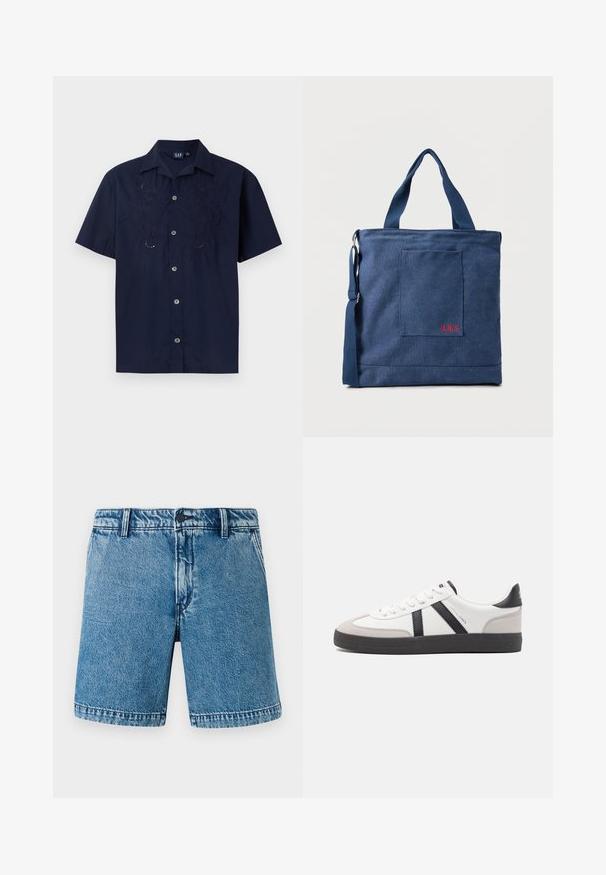 Tumesinine lühikeste varrukatega särk, mis on valmistatud puuvillast ja millel on esiküljel tikitud lillemustrid ning nööpidega sulgur.; Heledad sinises denim lühikesed püksid, millel on mugav lõige. Omab standardset viie-tasku disaini, nupukinnitust ja lõikeääred koos kerge haardega.; Valged tossud mustade ja hallide aktsentidega, tekstureeritud halli varbakattega, musta kummitald ja lamedad valged paelad. Puhtad jooned, minimalistlik stiil.; Sinine lõuendist käekott esitasku ja punase "O.N.S" tikandiga, kus on topeltkandesangad ja reguleeritav õlarihm.